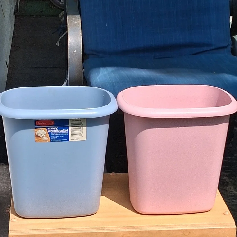 Vintage 90s Rubbermaid Wastebasket 2 Dusty Rose Pink Country Slate Blue USA